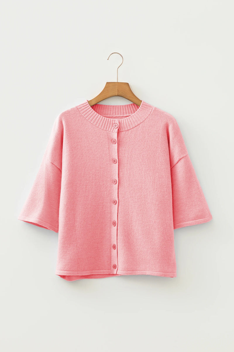Load image into Gallery viewer, DLLS437 - Ladies Peach Blossom 3/4 Sleeve Boxy Knit Button Down Sweater Cardigan
