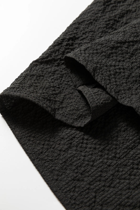DLLS434 - Ladies Black Color Block Patchwork Detail V Neck Textured Long Sleeve Blouse