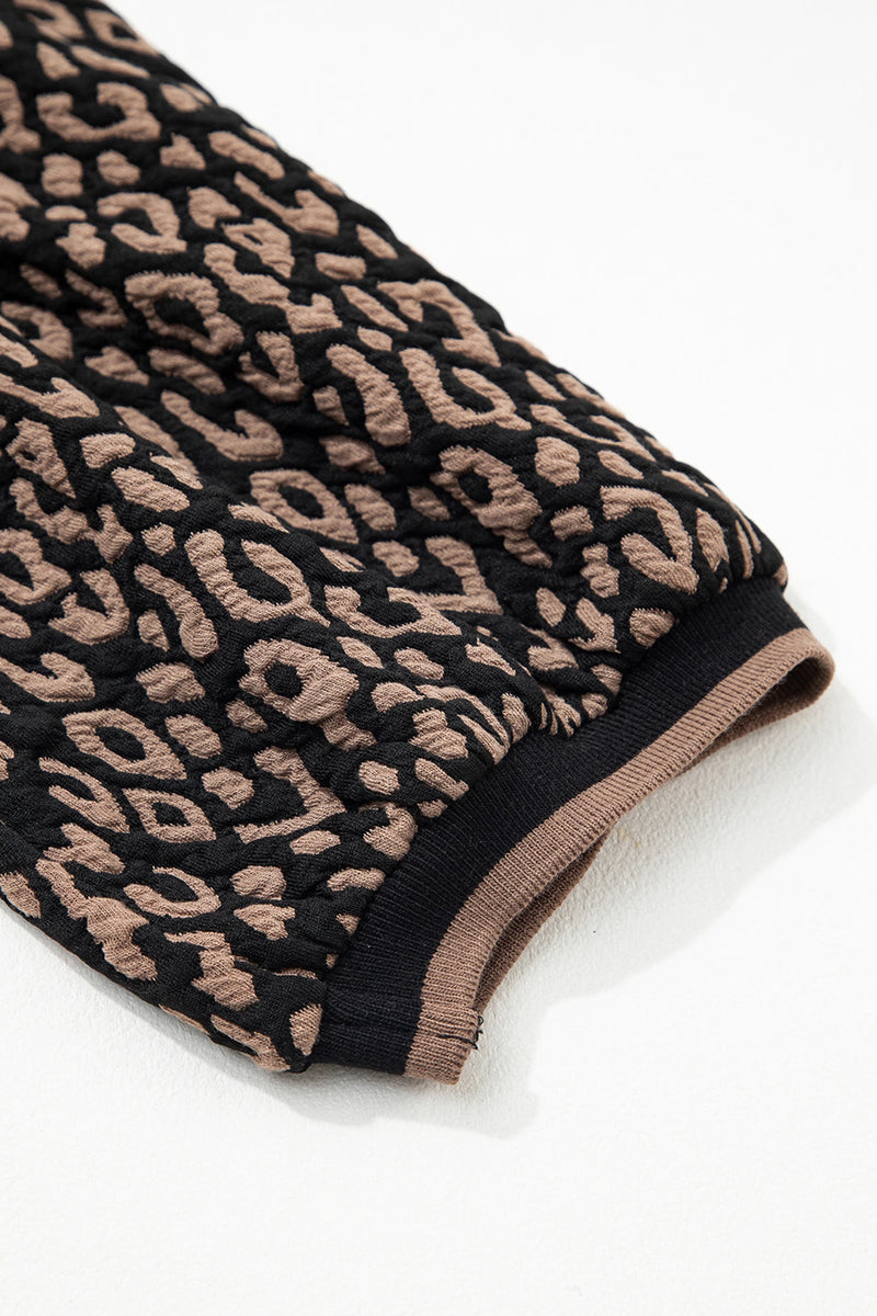 Load image into Gallery viewer, DLLS386- Ladies Black Leopard Print Puffy Bracelet Sleeve Contrast Trim Round Neck Top
