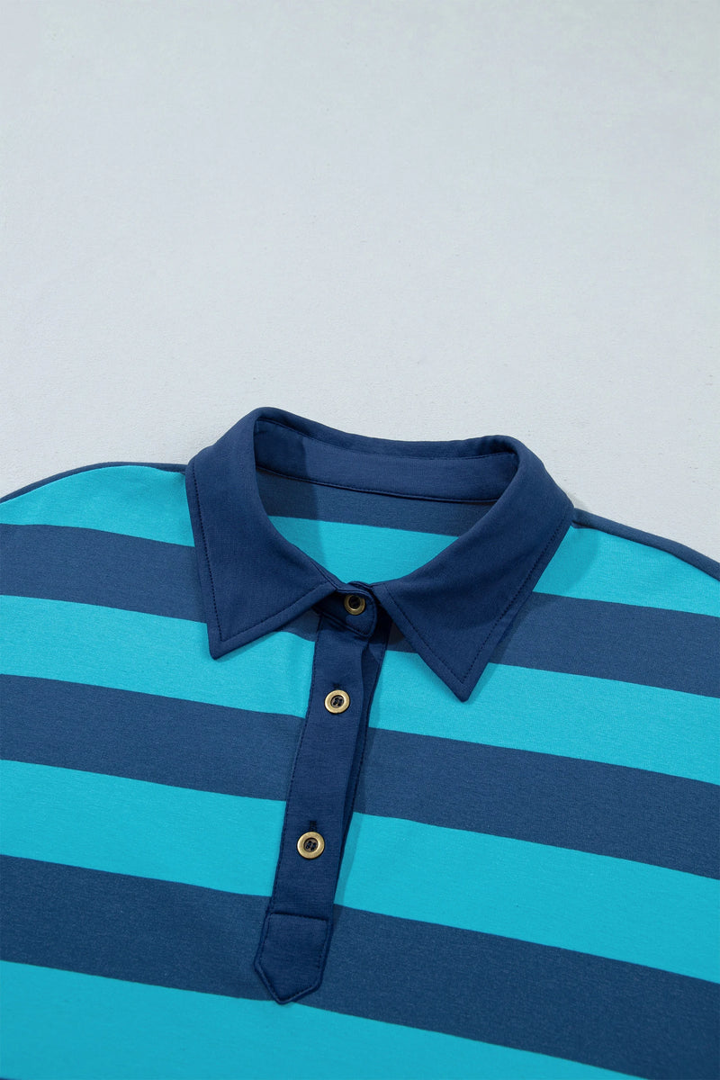 Load image into Gallery viewer, DLLS1152 - Ladies Blue Stripe Contrast Polo Collar Bracelet Sleeve Loose Top
