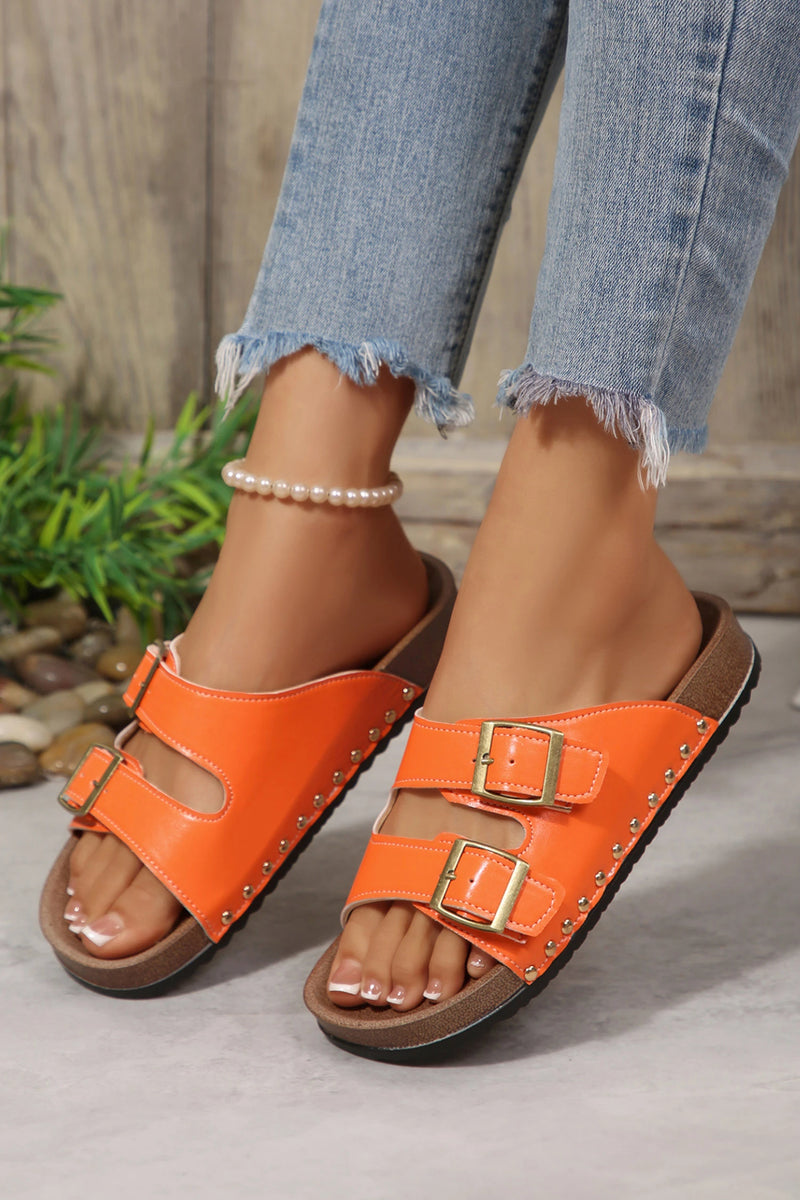 Load image into Gallery viewer, DLLSHOE 110 - Orange Retro Buckle Cutout Straps PU Leather Studded Slippers

