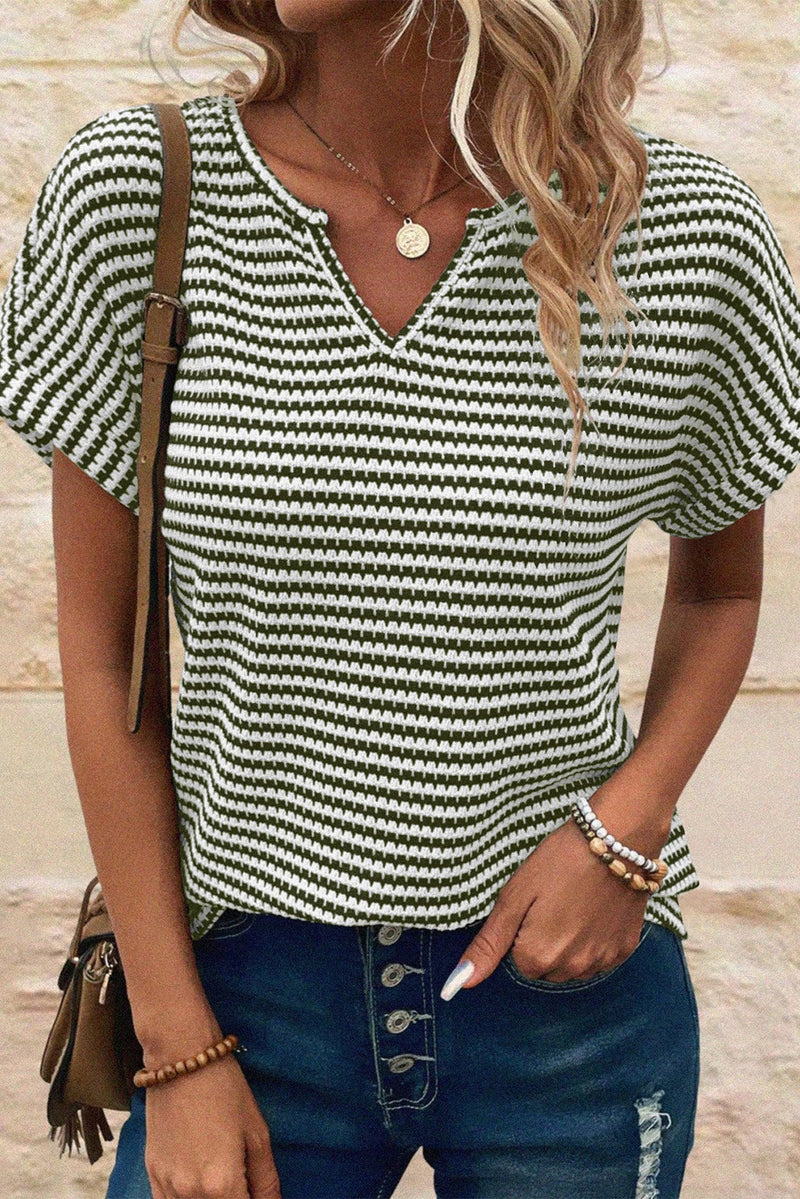Load image into Gallery viewer, DLLS547 - Ladies Green Stripe Textured Knit Notched Neck Cuffed Short Sleeve Top
