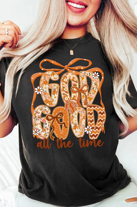 DLLS776 - Ladies Black GOD IS GOOD Thanksgiving Theme Print Custom Graphic Tee