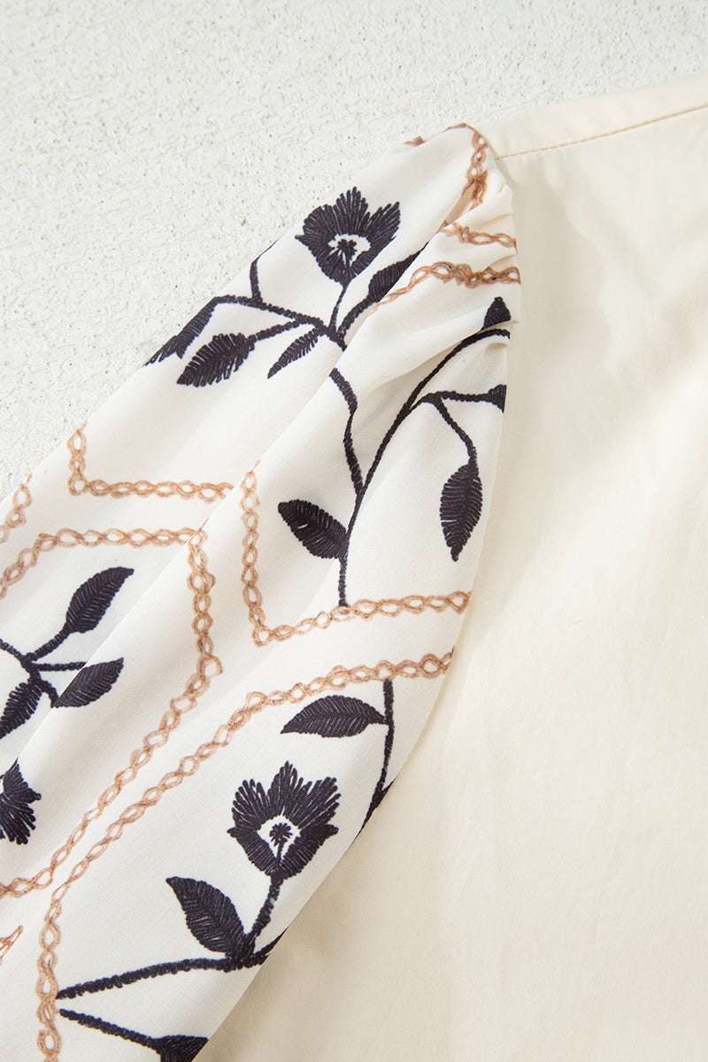 Load image into Gallery viewer, DLLS372- Ladies White Floral Puff Sleeve Contrast V Neck Patchwork Blouse
