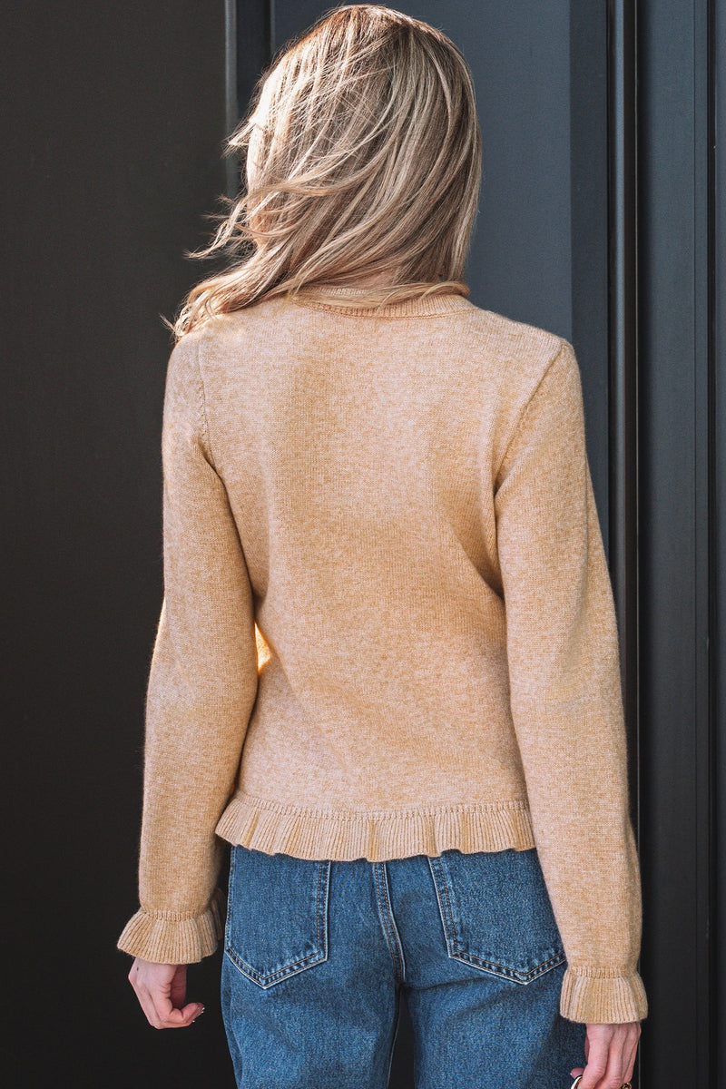 Load image into Gallery viewer, DLLS403 - Ladies Oatmeal Ruffle Trim Gold Button Sweater Cardigan
