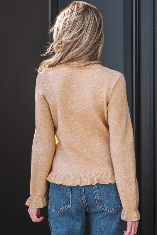 DLLS403 - Ladies Oatmeal Ruffle Trim Gold Button Sweater Cardigan