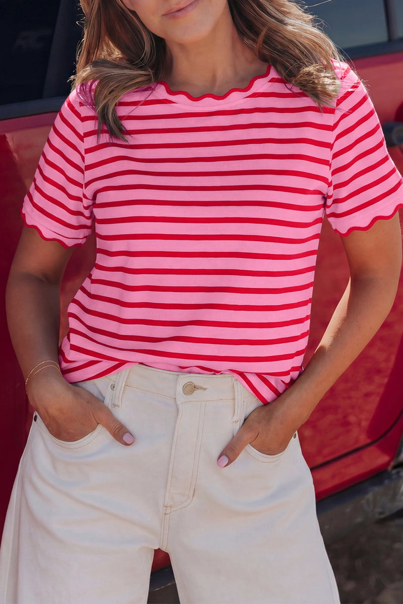 Load image into Gallery viewer, DLLS576 - Ladies Pink Stripe Scalloped Trim Round Neck T Shirt
