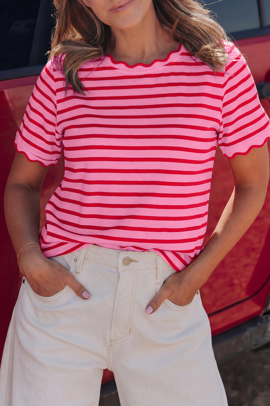 DLLS576 - Ladies Pink Stripe Scalloped Trim Round Neck T Shirt