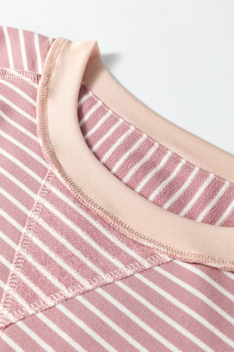 Load image into Gallery viewer, DLLS313 - Ladies Pink Stripe Exposed Stitching Patchwork Casual Long Sleeve Top
