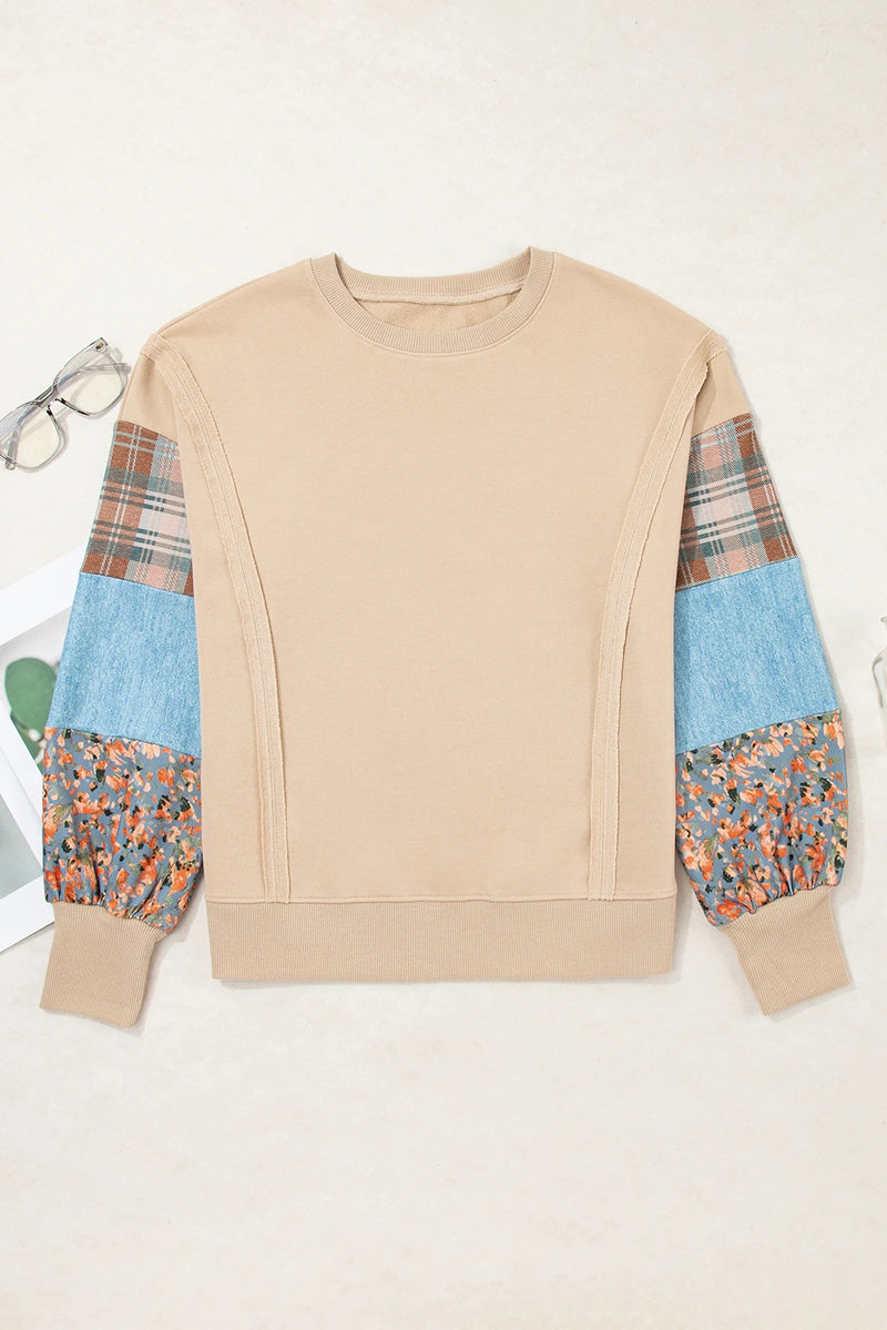 Load image into Gallery viewer, DLLS918 - Ladies Smoke Gray Plaid Colorblock Patchwork Sleeve Raw Seam Sweatshirt
