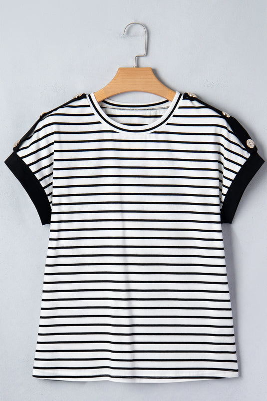 DLLS624 - Ladies Black Stripe Cuffed Sleeve Button Detail Loose Tee