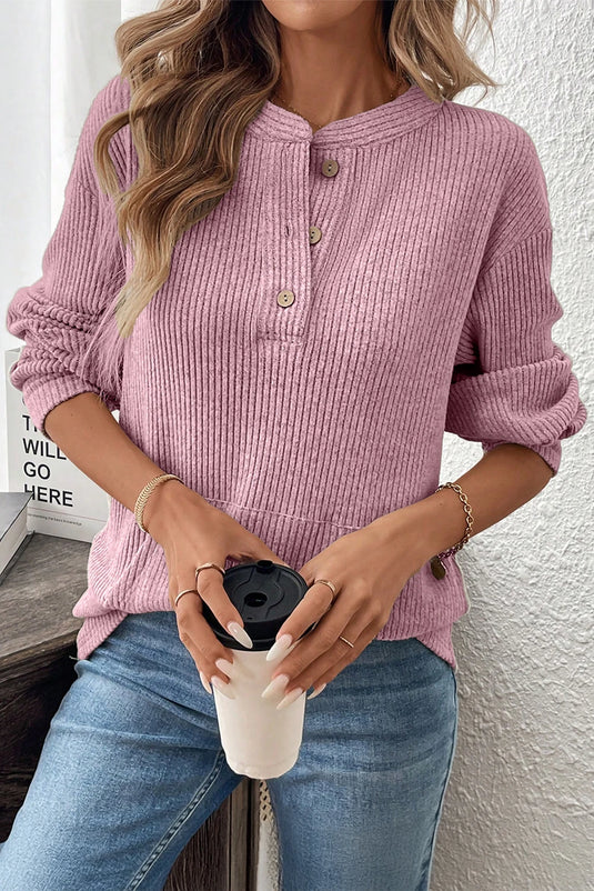 DLLS280 - Ladies Pink Ribbed Texture Drop Shoulder Henley Knit Top