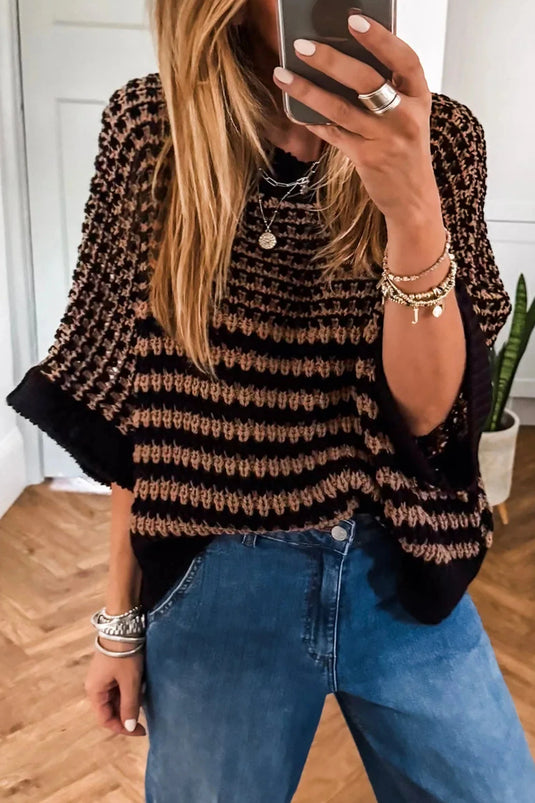 DLLS308 - Ladies Black Stripe 3/4 Draped Sleeve Slouchy Sweater