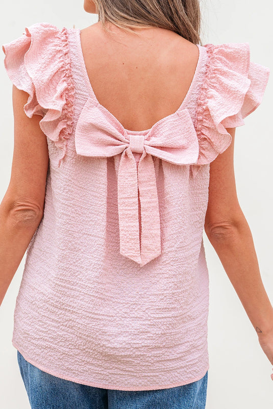 DLLS345 - Ladies Gossamer Pink Textured Bow Knot Frilled Butterfly Sleeve Blouse