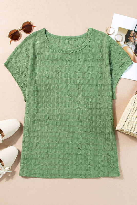 DLLS552 - Ladies Grass Green Solid Color Textured Batwing Sleeve Tee