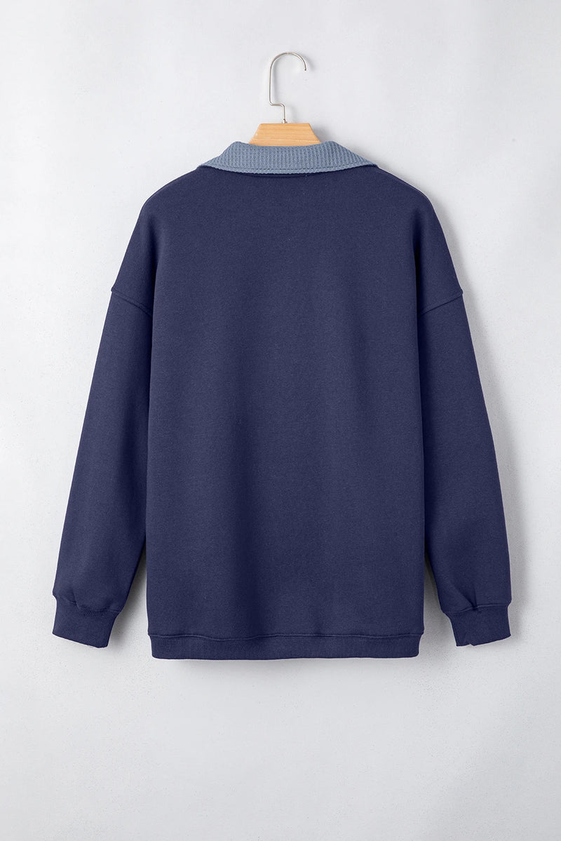Load image into Gallery viewer, DLLS1120 - Ladies Blue Contrast Textured Placket Metal Button Pullover Sweatshirt
