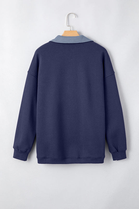 DLLS1120 - Ladies Blue Contrast Textured Placket Metal Button Pullover Sweatshirt