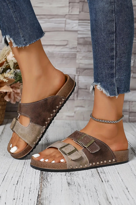 DLLSHOE 35 - Coffee Two-Tone Retro Buckle Straps Hollowed Faux Suede Slippers