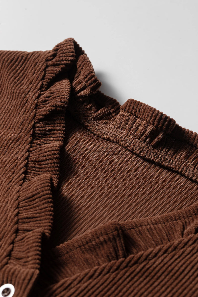 Load image into Gallery viewer, DLLS727 - Ladies Coffee Color Ruffle Trim V Neck Long Sleeve Button Corduroy Shakcet
