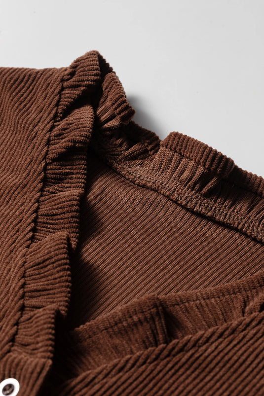 DLLS727 - Ladies Coffee Color Ruffle Trim V Neck Long Sleeve Button Corduroy Shakcet