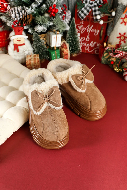 DLLSHOE 131 - Straw Yellow Cozy Faux Fur Lined Bow Decor Clog Slippers