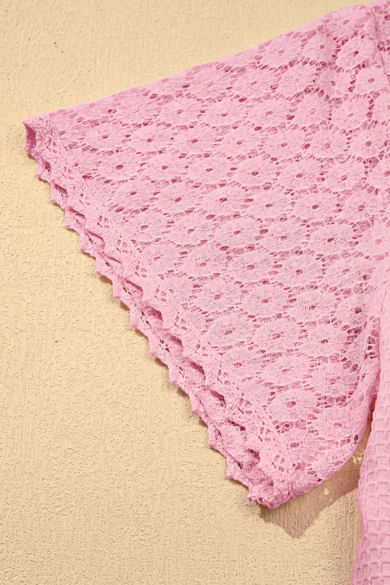 Load image into Gallery viewer, DLLS709 - Ladies Pink Lace Splicing Button Cutout V Neck Waffle Knit Blouse

