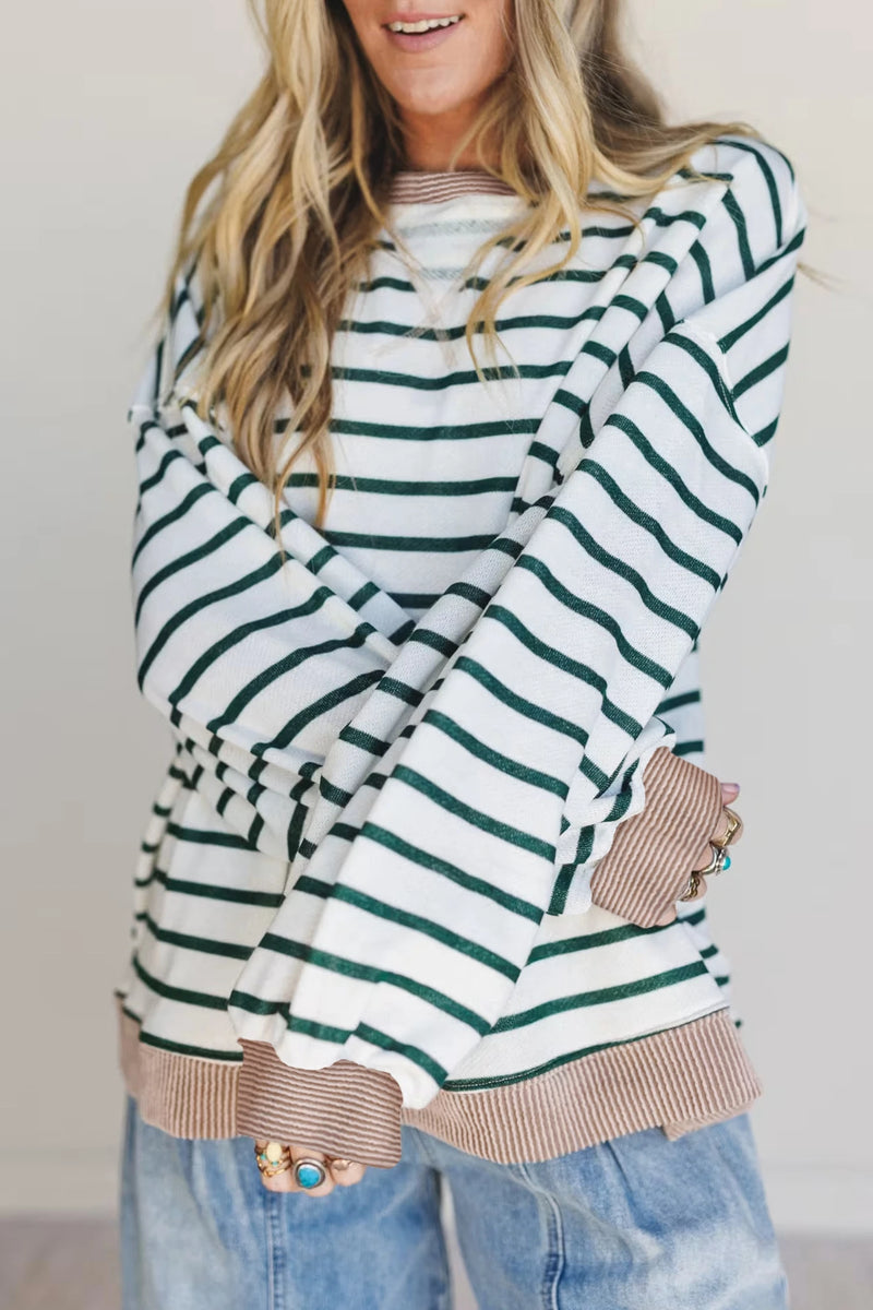 Load image into Gallery viewer, DLLS405 - Ladies White Stripe Twisted Ribbed Patchwork Drop Shoulder Round Neck Sweatshirt
