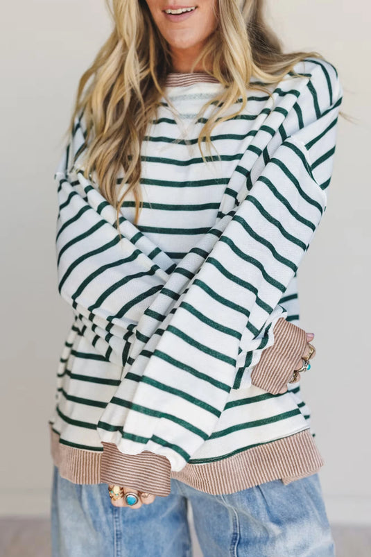 DLLS405 - Ladies White Stripe Twisted Ribbed Patchwork Drop Shoulder Round Neck Sweatshirt