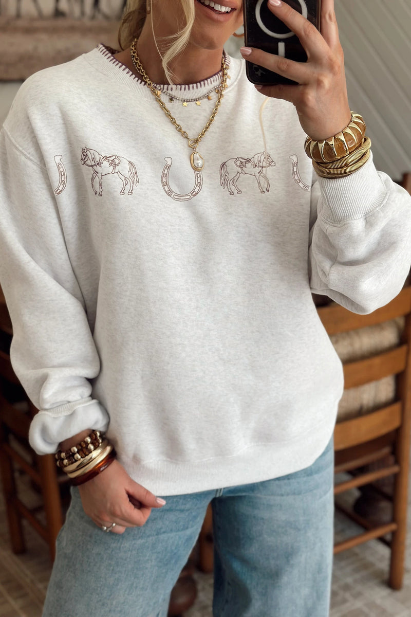 Load image into Gallery viewer, DLLS806 - Ladies Light Grey Western Print Embroidered Casual Sweatshirt
