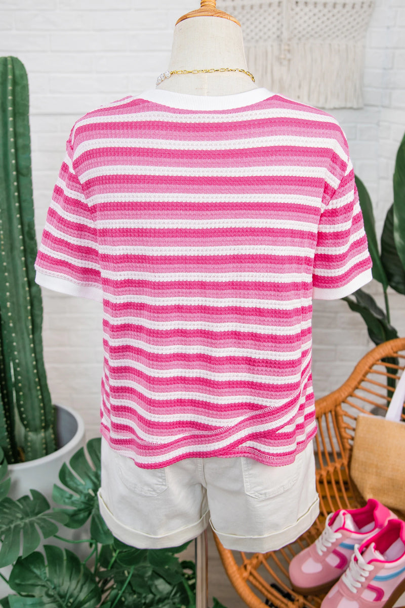 Load image into Gallery viewer, DLLS559 - Ladies Sachet Pink Textured Knit Short Sleeve Crossed Detail Tee

