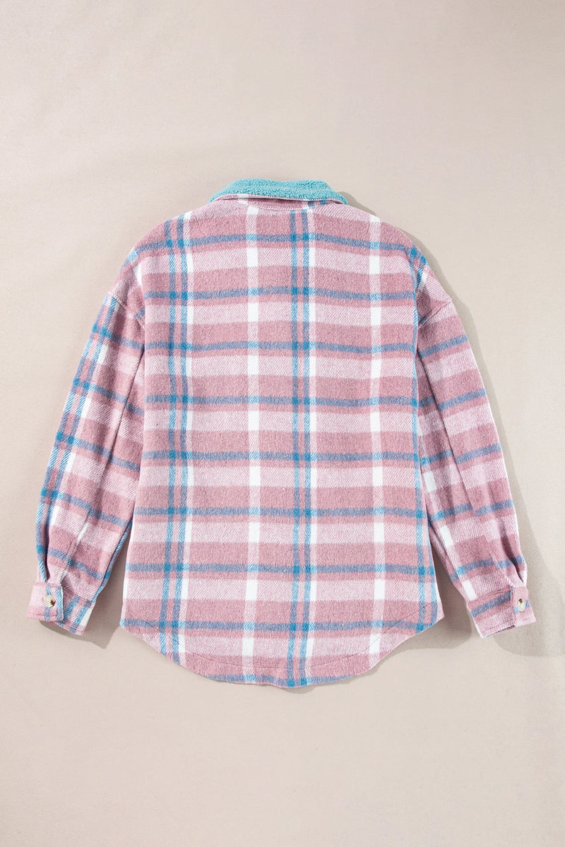 Load image into Gallery viewer, DLLS907 - Ladies Pink Plaid Print Color Block Collared Flap Pockets Loose Shacket
