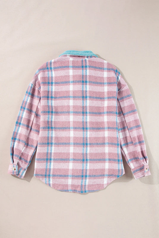 DLLS907 - Ladies Pink Plaid Print Color Block Collared Flap Pockets Loose Shacket