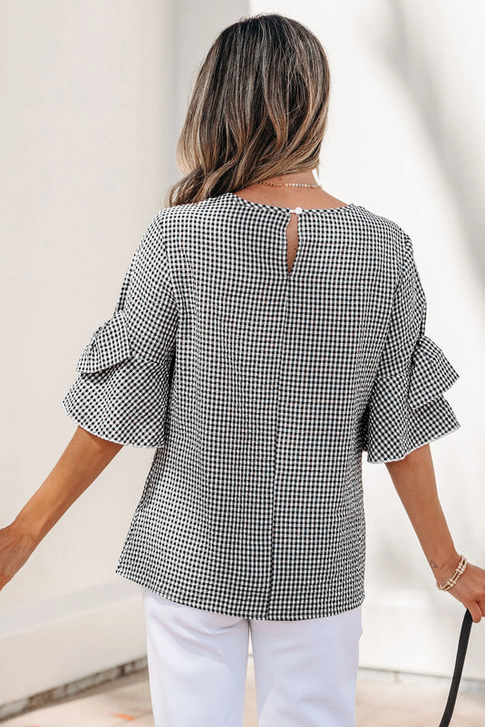 DLLS632 - Ladies Black Plaid Bow Ruffled Half Sleeve Round Neck Blouse