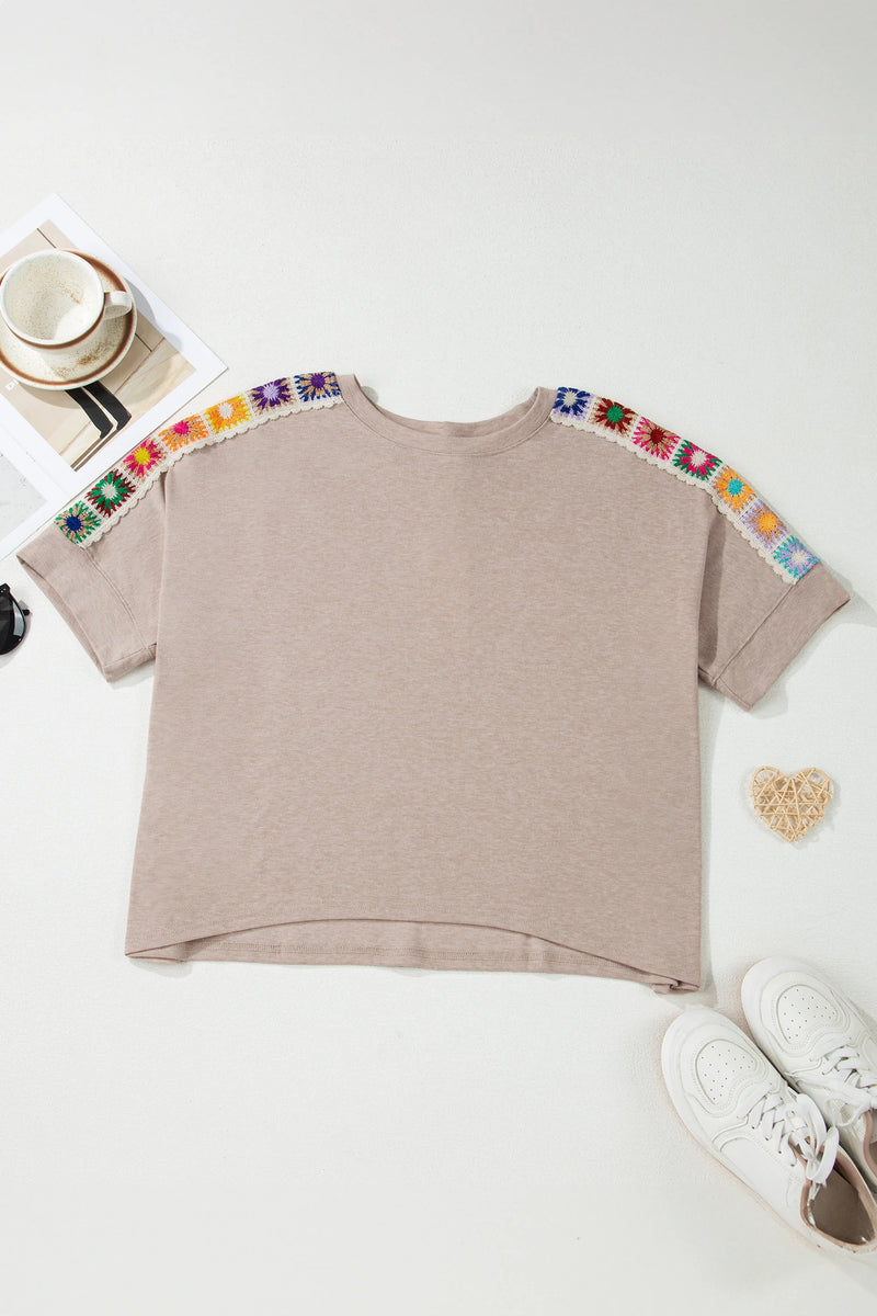 Load image into Gallery viewer, DLLS543 - Ladies Parchment Granny Square Crochet Detail Loose T Shirt
