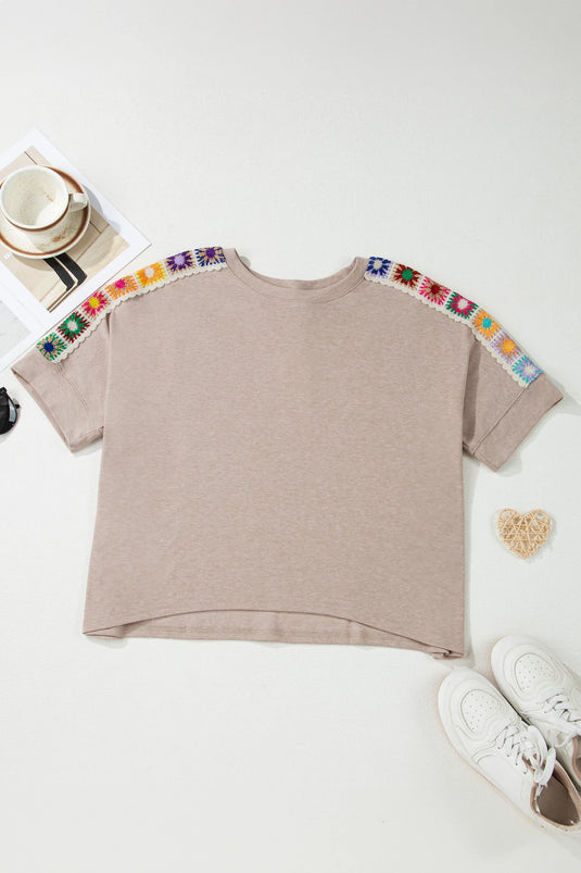 DLLS543 - Ladies Parchment Granny Square Crochet Detail Loose T Shirt
