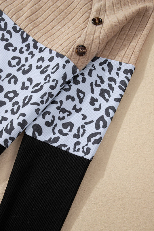 DLLS318 - Ladies Black Cheetah Textured Patchwork Buttoned Round Neck T Shirt
