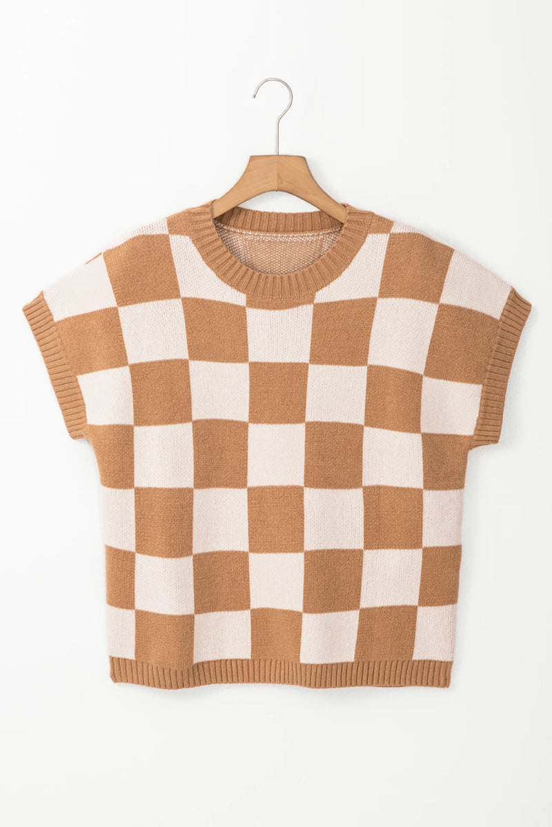 Load image into Gallery viewer, DLLS504 - Ladies Light Beige Colorblock Plaid Ribbed Trim Sweater Tank Top
