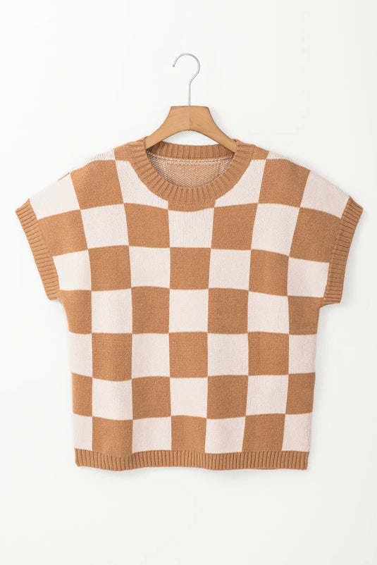 DLLS504 - Ladies Light Beige Colorblock Plaid Ribbed Trim Sweater Tank Top