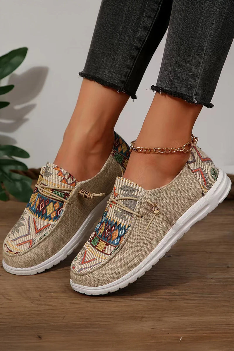 Load image into Gallery viewer, DLLSHOE 44 - Beige Geometric Lace-Up Decor Slip On Shoes
