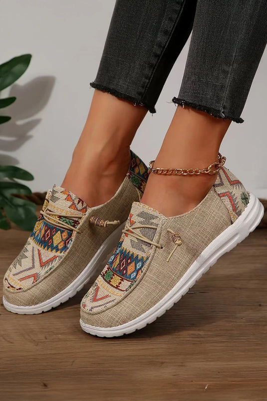 DLLSHOE 44 - Beige Geometric Lace-Up Decor Slip On Shoes