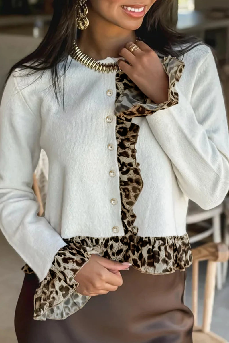 Load image into Gallery viewer, DLLS371 - Ladies White Knitted Leopard Ruffle Patchwork Button Down Cropped Cardigan

