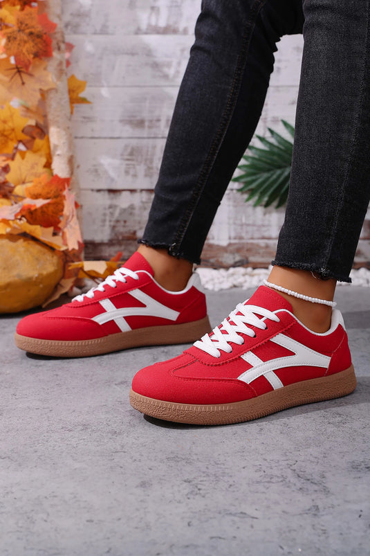 DLLSHOE 201 - Racing Red Faux Suede Contrast Patchwork Detail Lace Up Flat Sneakers