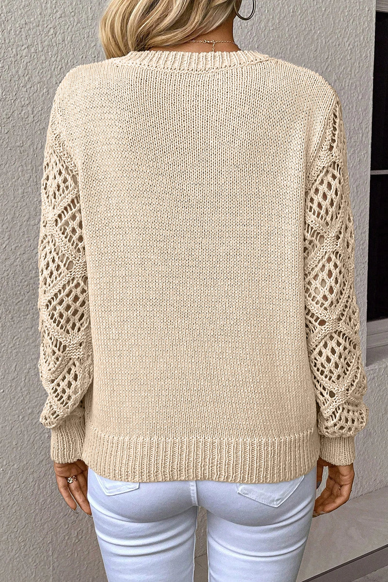 Load image into Gallery viewer, DLLS250 - Ladies Jet Stream Solid V Neck Pointelle Knit Sleeve Patchwork Sweater
