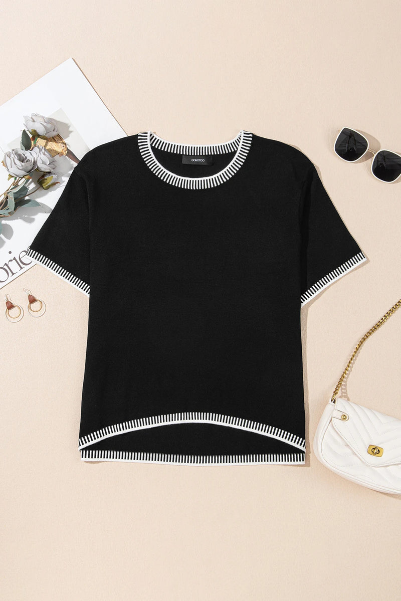 Load image into Gallery viewer, DLLS520 - Ladies Black Contrast Striped Trim Round Neck Half Sleeve Sweater

