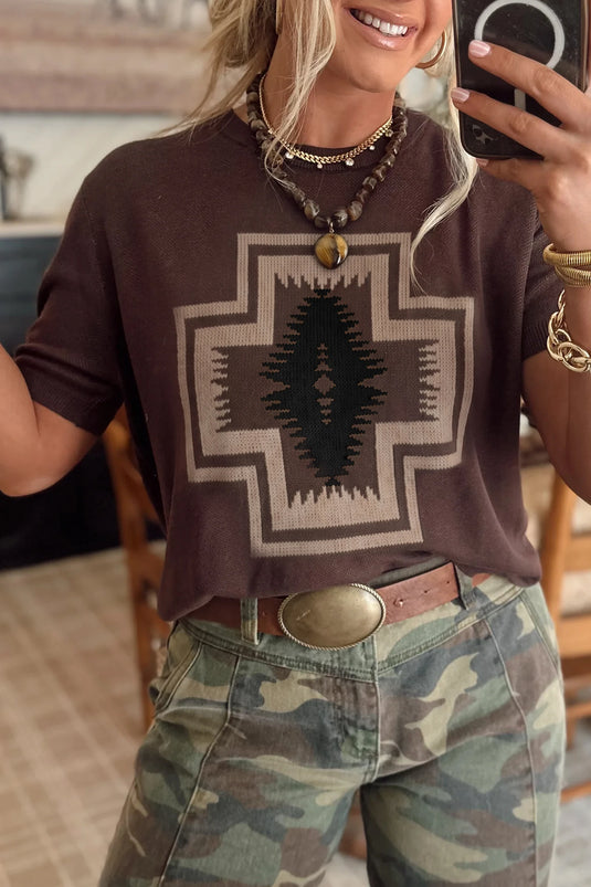 DLLS654 - Ladies Brown Short Sleeve Western Print T-Shirt Shift Silhouette Knit Top