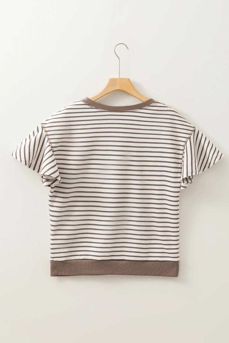 Load image into Gallery viewer, DLLS496 - Ladies Parchment Contrast Detail Striped Ruffle Short Sleeve Top
