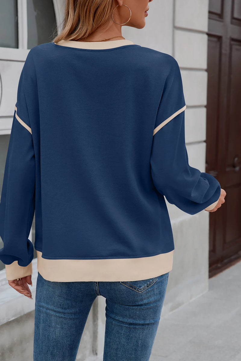 Load image into Gallery viewer, DLLS1125 - Ladies Navy Blue Colorblock Drop Shoulder Pullover Sweatshirt
