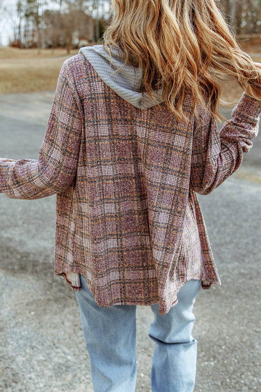 DLLS111 - Ladies Purple Plaid Contrast Hooded Drawstring Shacket