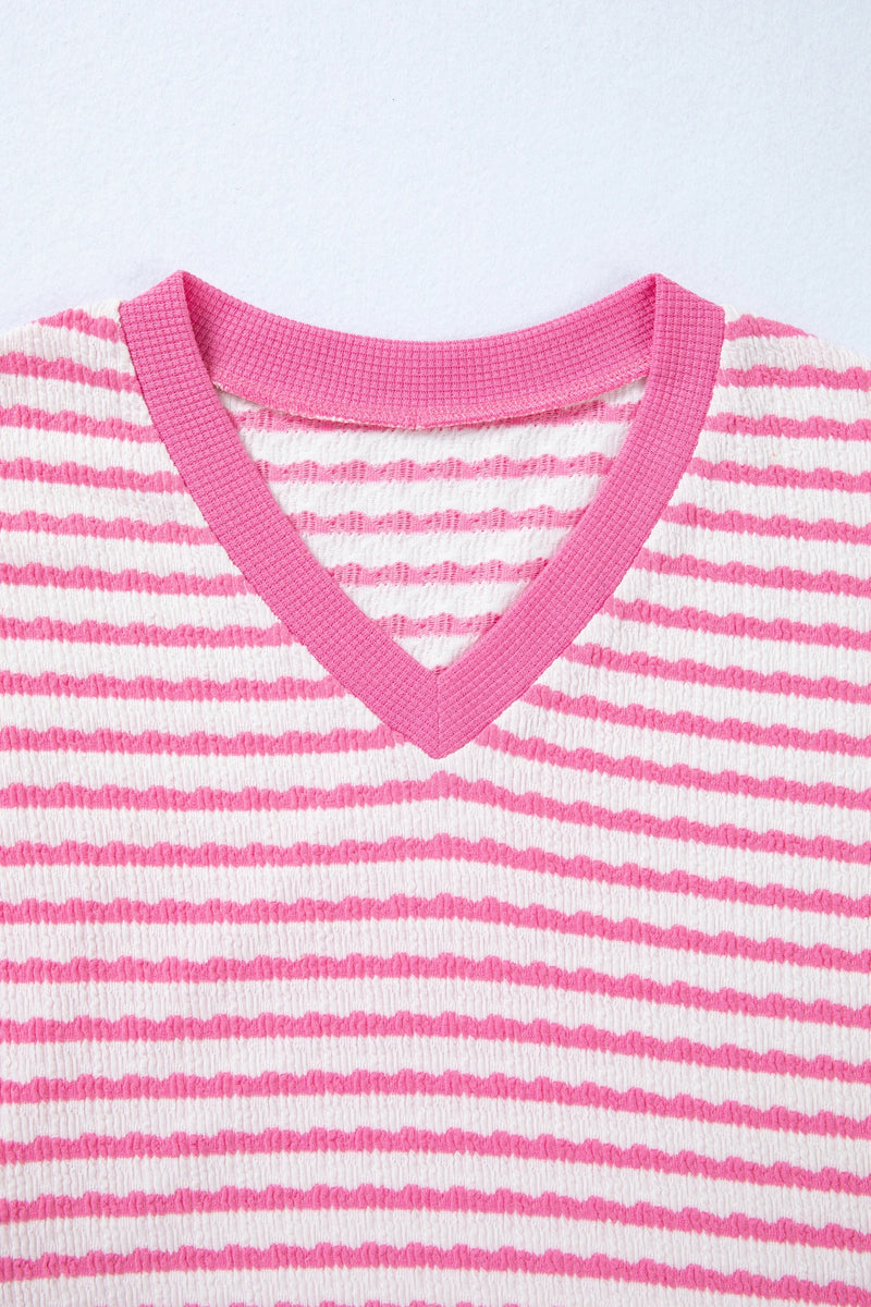 Load image into Gallery viewer, DLLS458 - Ladies Pink Stripe Textured Knit Contrast Trim V Neck Short Sleeve Top
