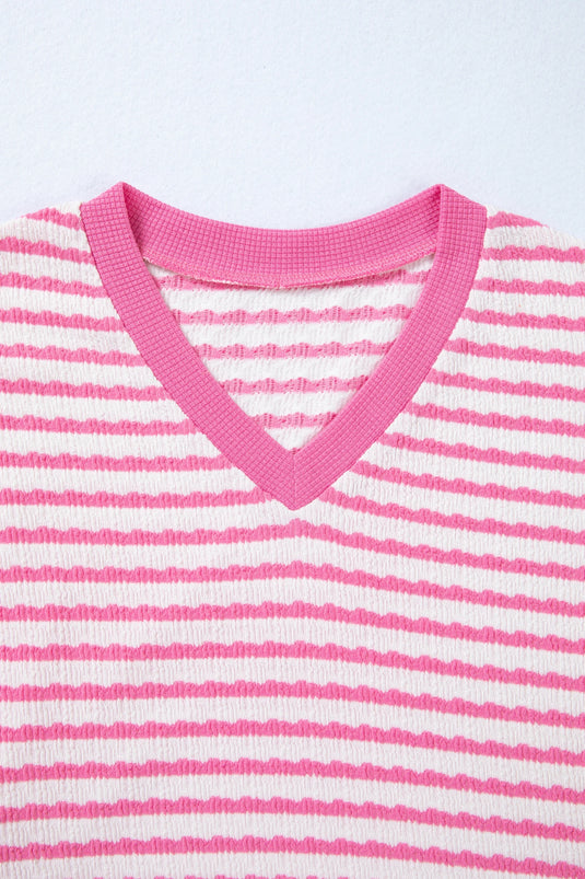 DLLS458 - Ladies Pink Stripe Textured Knit Contrast Trim V Neck Short Sleeve Top